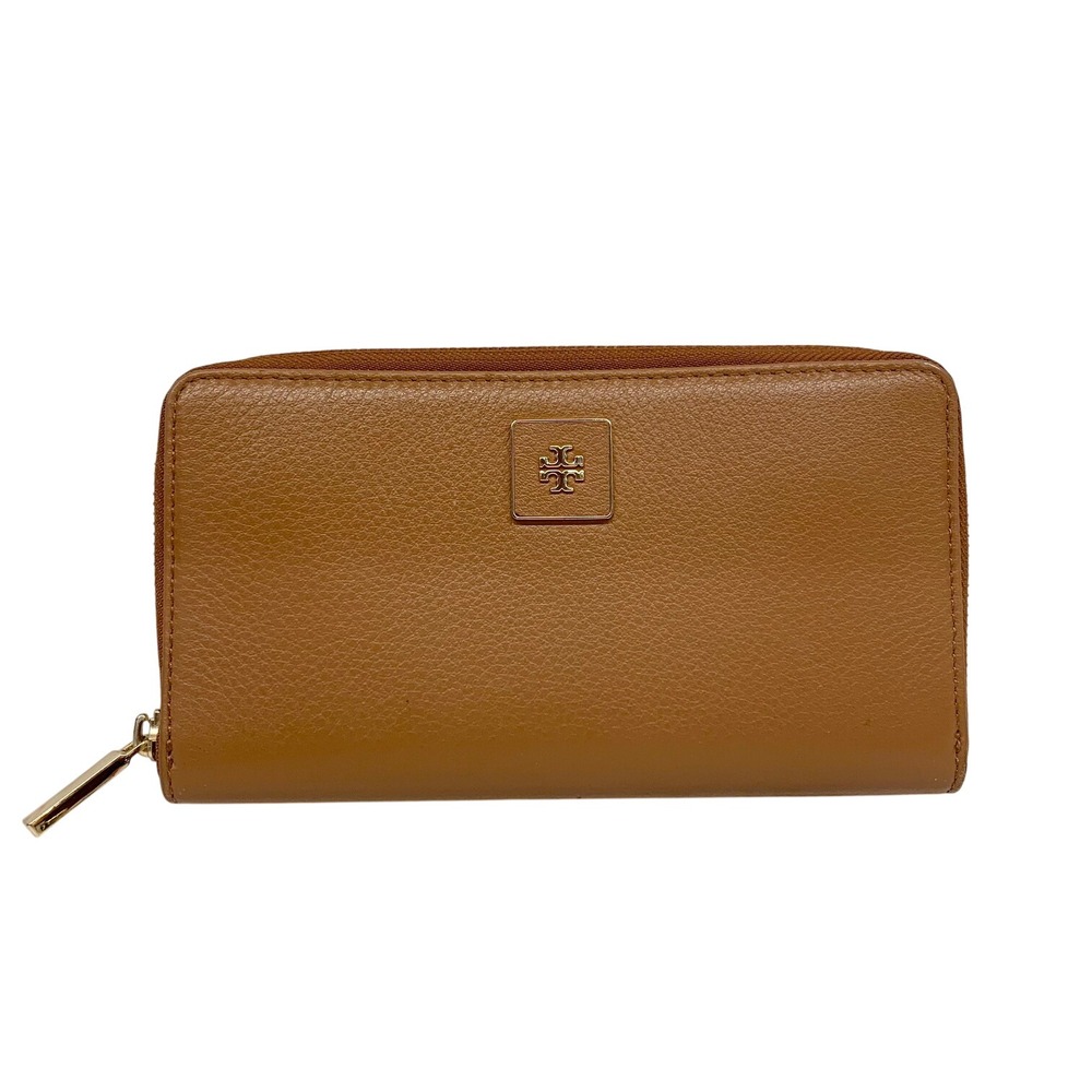 Tory Burch Tan Pebbled Leather Zip Around Continental Wallet Gold Logo Plaque